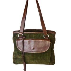 VTG RALPH LAUREN Olive Green Corduroy and Brown Leather Rare Shoulder Bag MINT